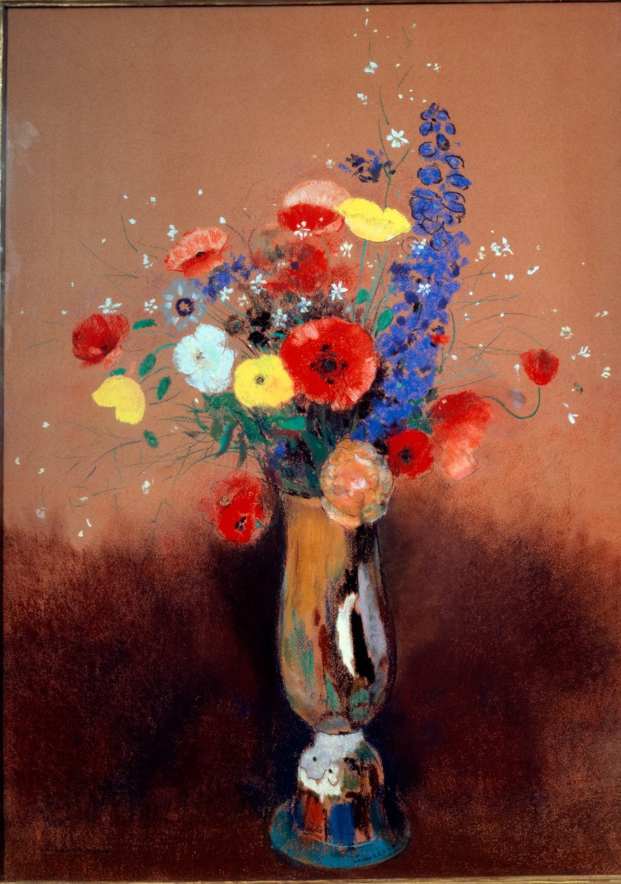 Divoké květiny ve váze s dlouhým hrdlem, cca 1912 (pastel na papíře) od Odilon Redon