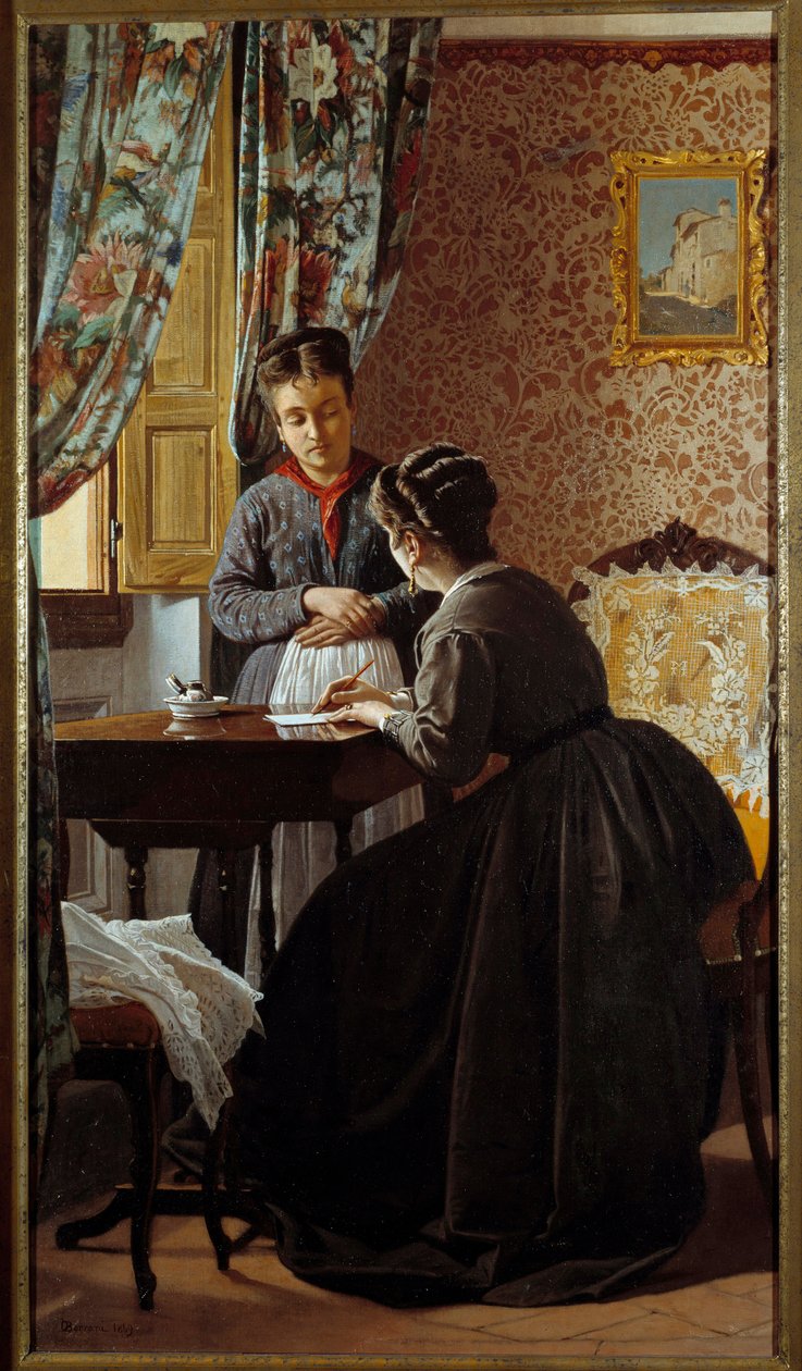 Negramotná nebo žena píšící dopis pro svou služebnou Obraz Odoarda Borraniho (1834-1905) 1869 Soukromá sbírka od Odoardo Borrani