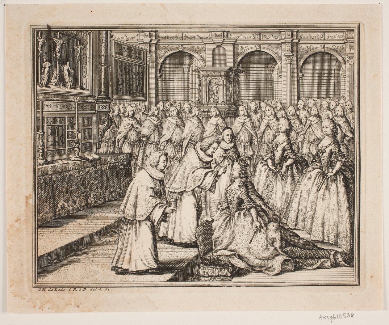 Biskup Hersleb pomazává královnu Louise v kostele paláce Frederiksborg. Ilustrace k aktu pomazání Frederika d. IV od Odvardt Helmoldt de Lode