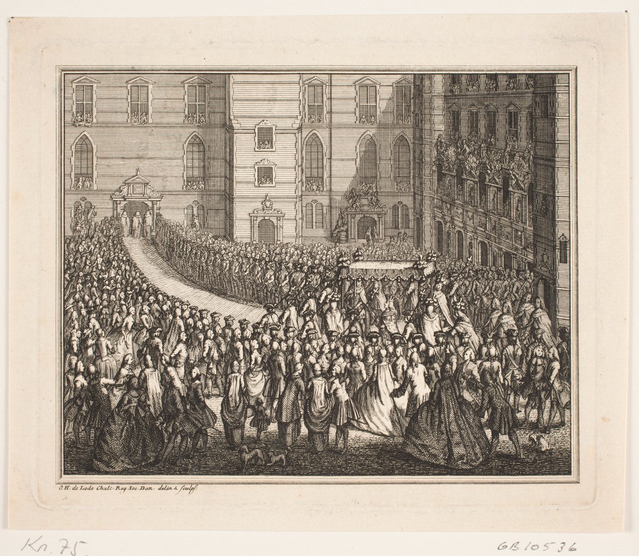 Král Frederik V. v průvodu na obřad pomazání v kostele paláce Frederiksborg. Ilustrace k aktu pomazání Frederika d. IV od Odvardt Helmoldt de Lode