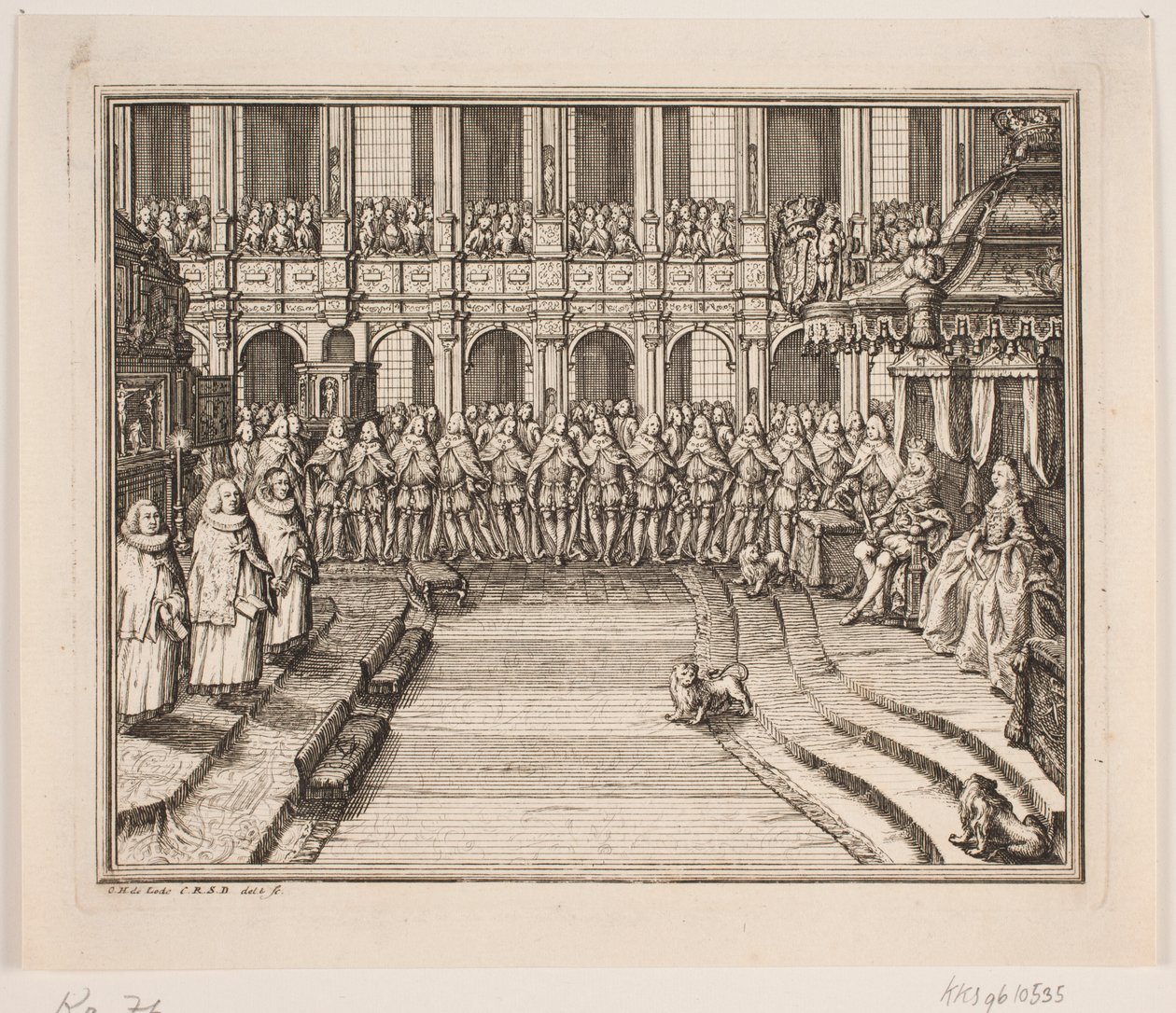 Král Frederik V. a královna Louise během obřadu pomazání v kostele Frederiksborg Palace. Ilustrace k aktu pomazání Frederika d. IV od Odvardt Helmoldt de Lode