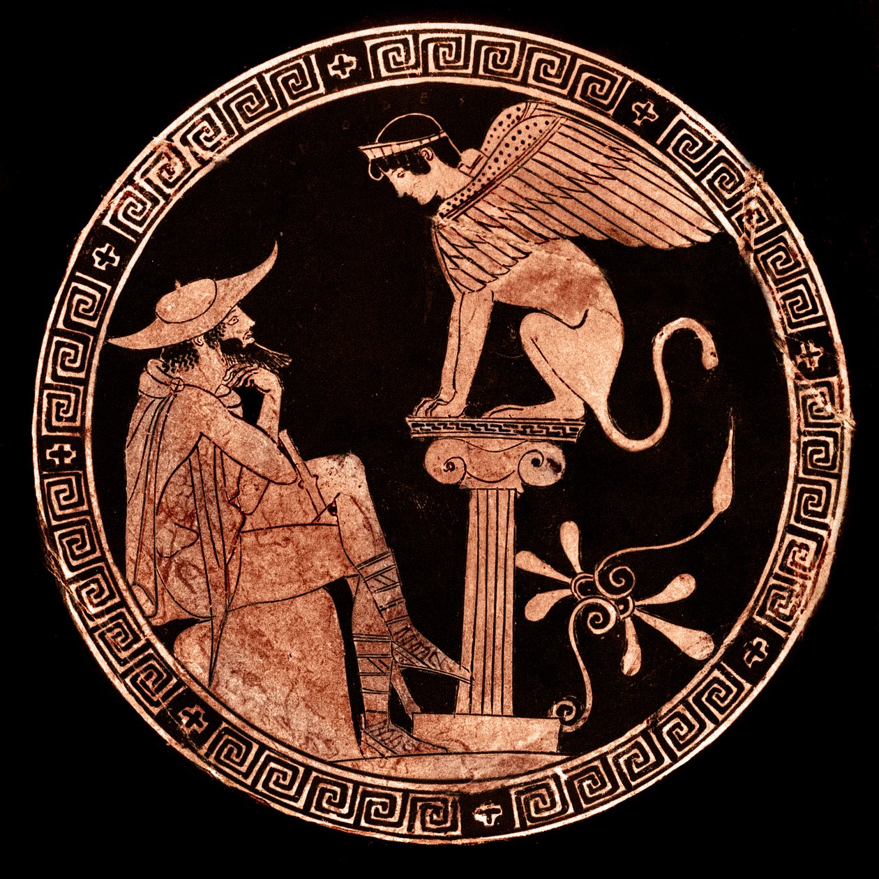 Červená postava Attic kylix zobrazující Oidipa a Sfingu, Vulci, cca 470 př. n. l. (keramika) od Oedipus Painter (attr. to)