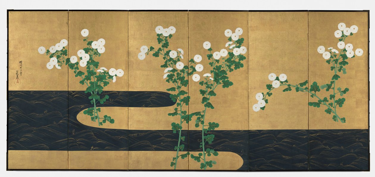Chrysanthemums by a Stream, pár šestipanelových skládacích obrazovek, konec 1700-počátek 1800 (inkoust a barva na zlaceném papíře) od Ogata (follower of) Korin