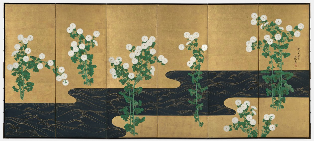 Chrysanthemums by a Stream, pár šestipanelových skládacích obrazovek, konec 1700-počátek 1800 (inkoust a barva na zlaceném papíře) od Ogata (follower of) Korin