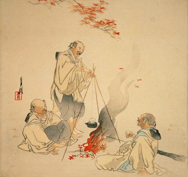Pití saké pod javorem, cca 1890-1900 (barevný dřevotisk) od Ogata Gekko