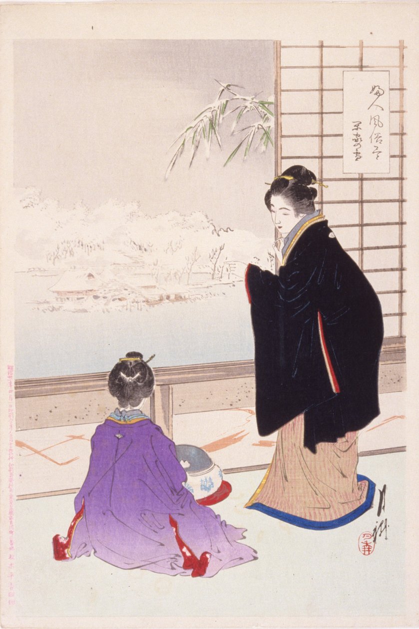 Snow And A Quiet House (Kanka No Yuki) (barevný dřevořez) od Ogata Gekko