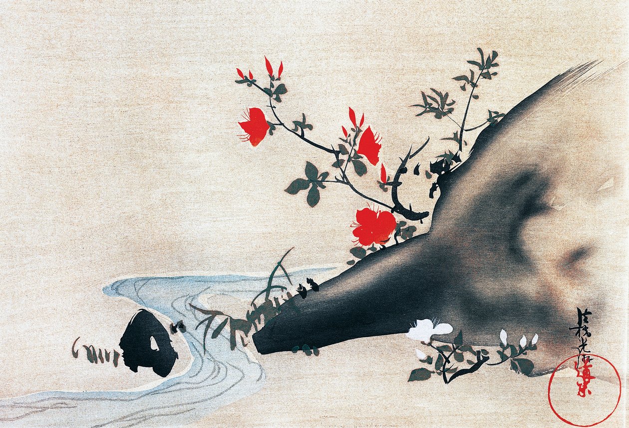 Azalky a potok, kakemonos (zavěšené svitky) malované na hedvábí Korinem Ogatou (1658-1716), období Edo (1603-1868), Japonsko od Ogata Korin
