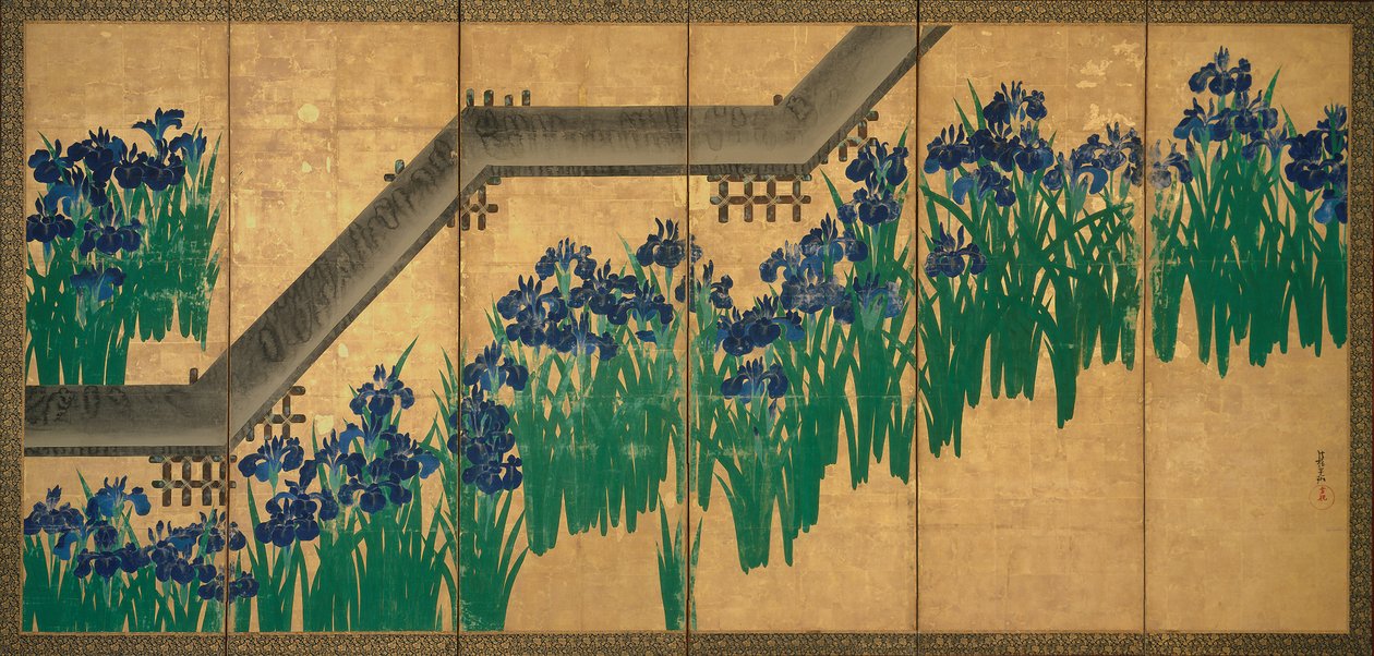 Irises at Yatsuhashi (Eight Bridges), c.1709 (inkoust a barva na zlatém listu na papíře) od Ogata Korin