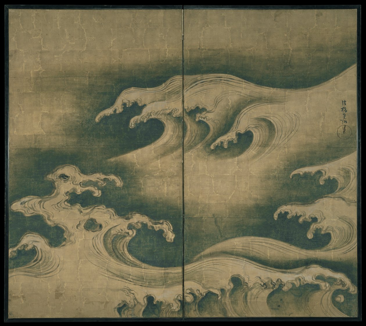 Rough Waves, dvoupanelová skládací obrazovka, c.1704-9 (inkoust, barva a plátkové zlato na papíře) od Ogata Korin