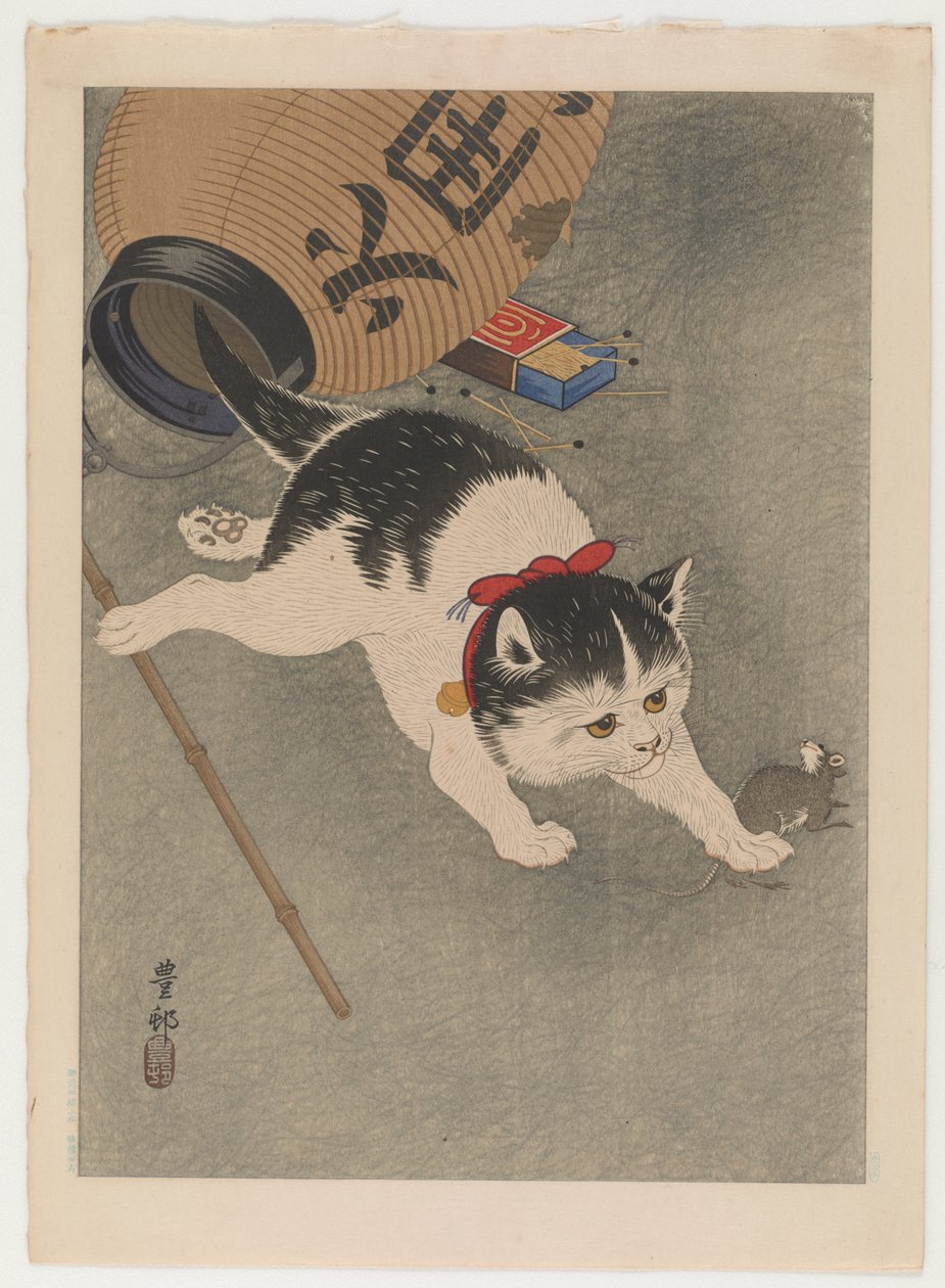 Kočka a myš, cca 1930 (barevný dřevotisk) od Ohara Koson