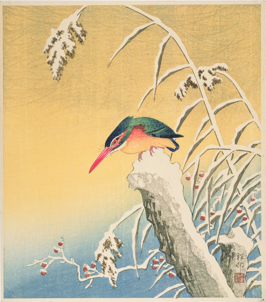 Ledňáček ve sněhu, 1935 (barevný dřevořez) od Ohara Koson