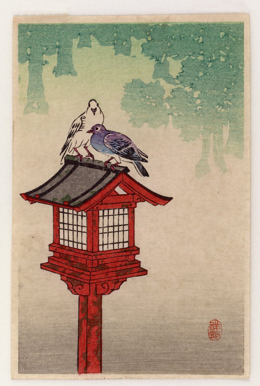 Holubi na zasvěcené lucerně (barevný dřevořez) od Ohara Koson