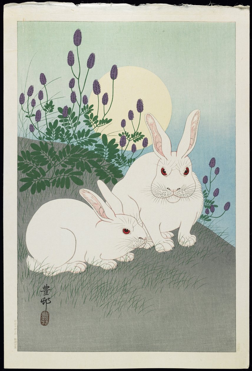 Dva bílí králíci za úplňku, 30. léta 20. století od Ohara Koson