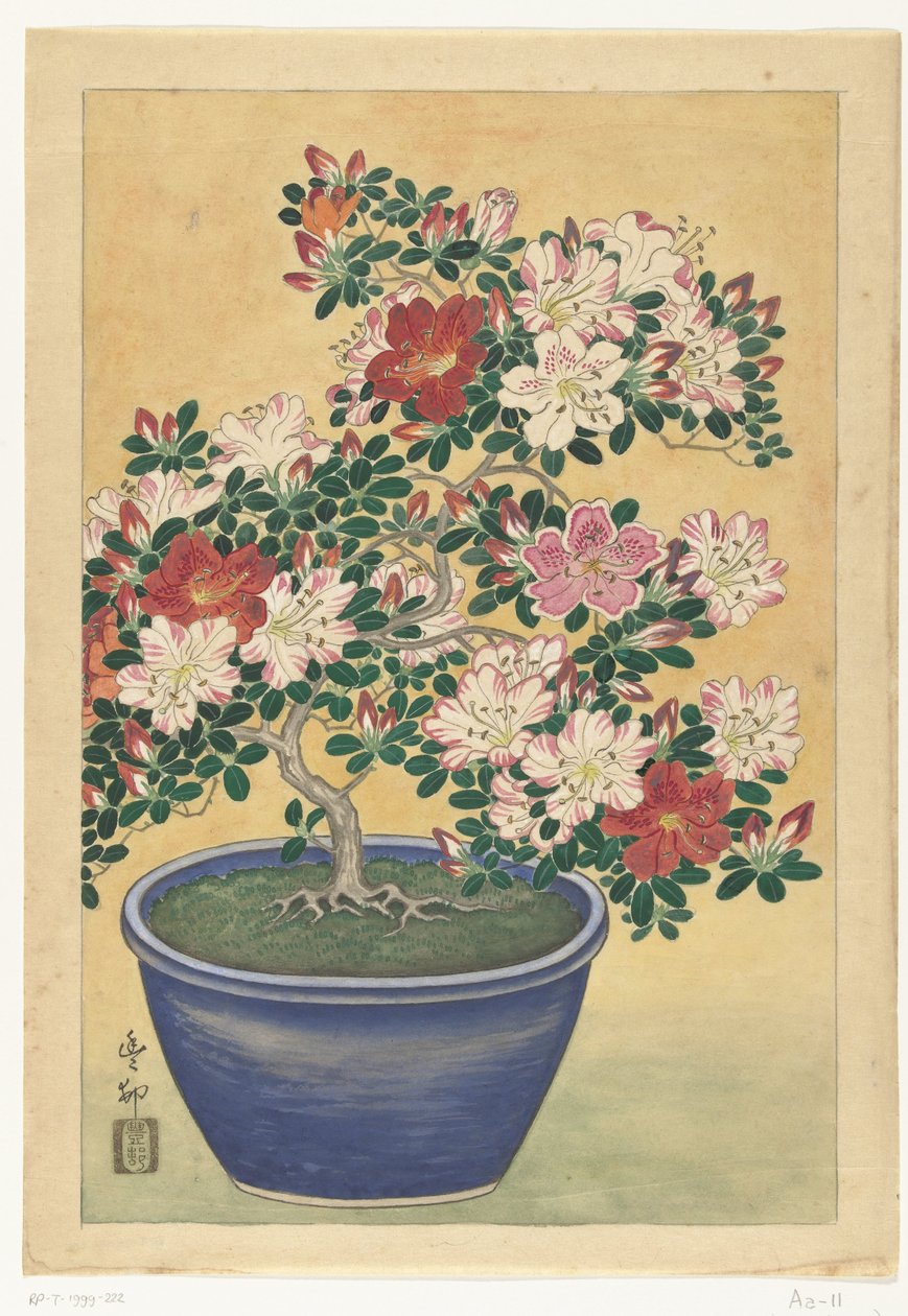 Kvetoucí azalka v modrém hrnci od Ohara Koson (signed by artist)