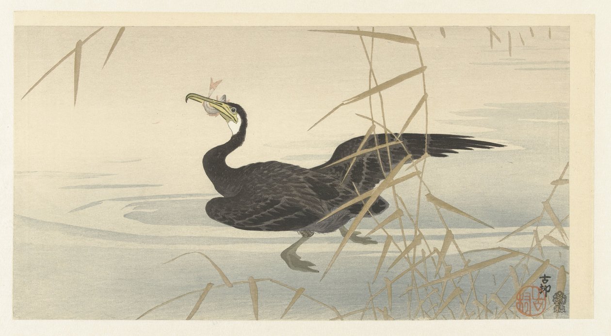 Kormorán s rybami od Ohara Koson