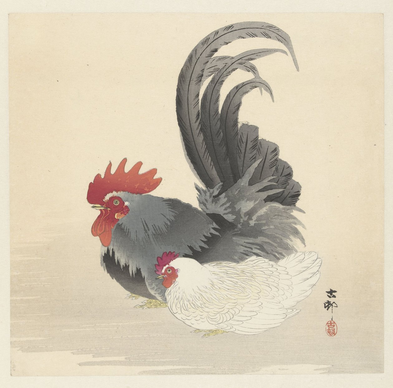 Kuře a kohout od Ohara Koson