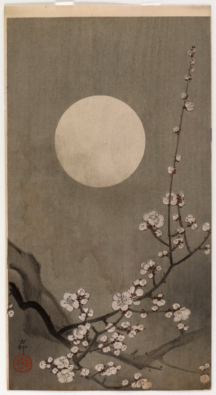 Kvetoucí švestka a měsíc (barevný dřevotisk) od Ohara Koson