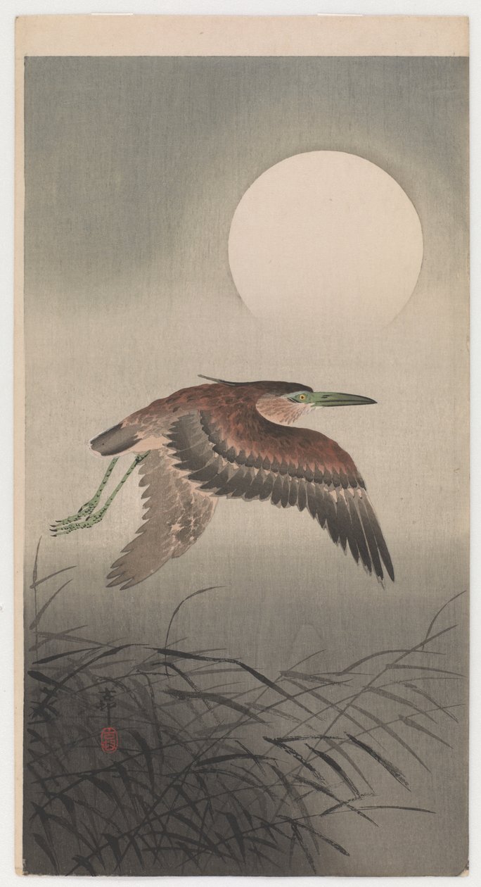 Létající volavka a úplněk (barevný dřevořez) od Ohara Koson
