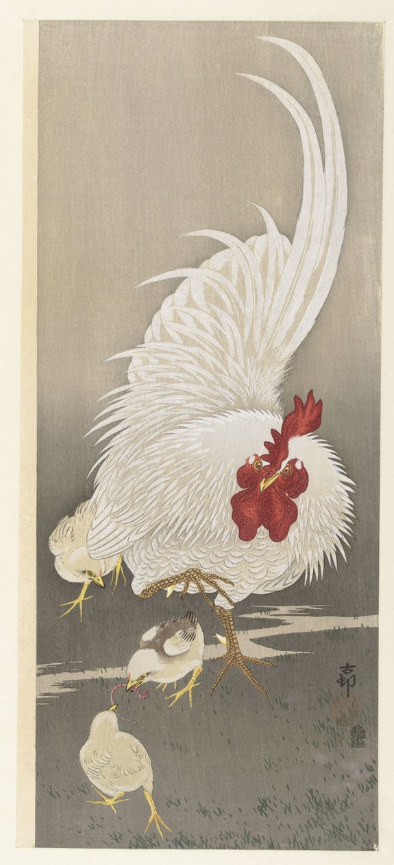 Kohout a tři kuřátka od Ohara Koson