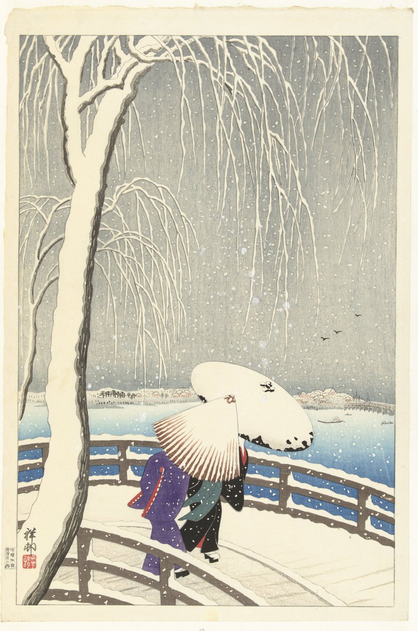 Ve sněhu na Yanagibashi od Ohara Koson