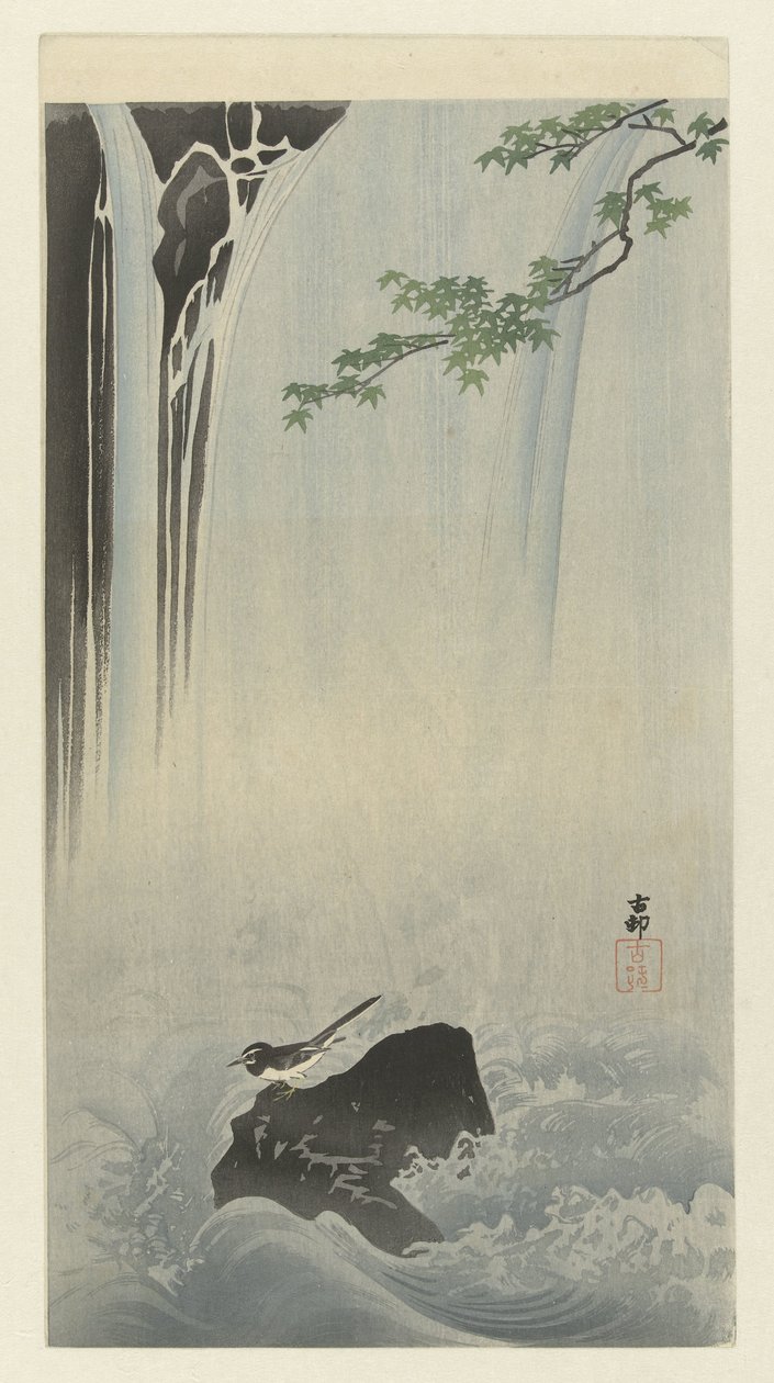 Konipas japonský u vodopádu od Ohara Koson