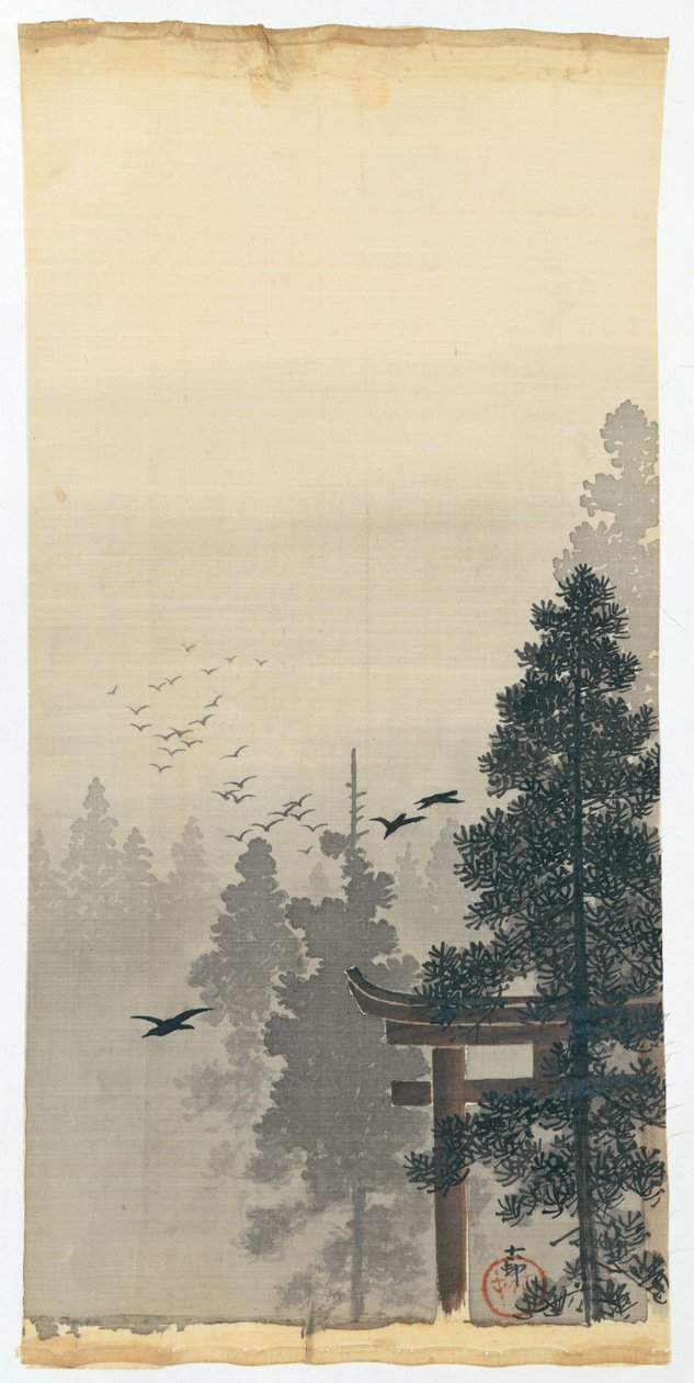 Krajina s hejnem ptáků a torii od Ohara Koson