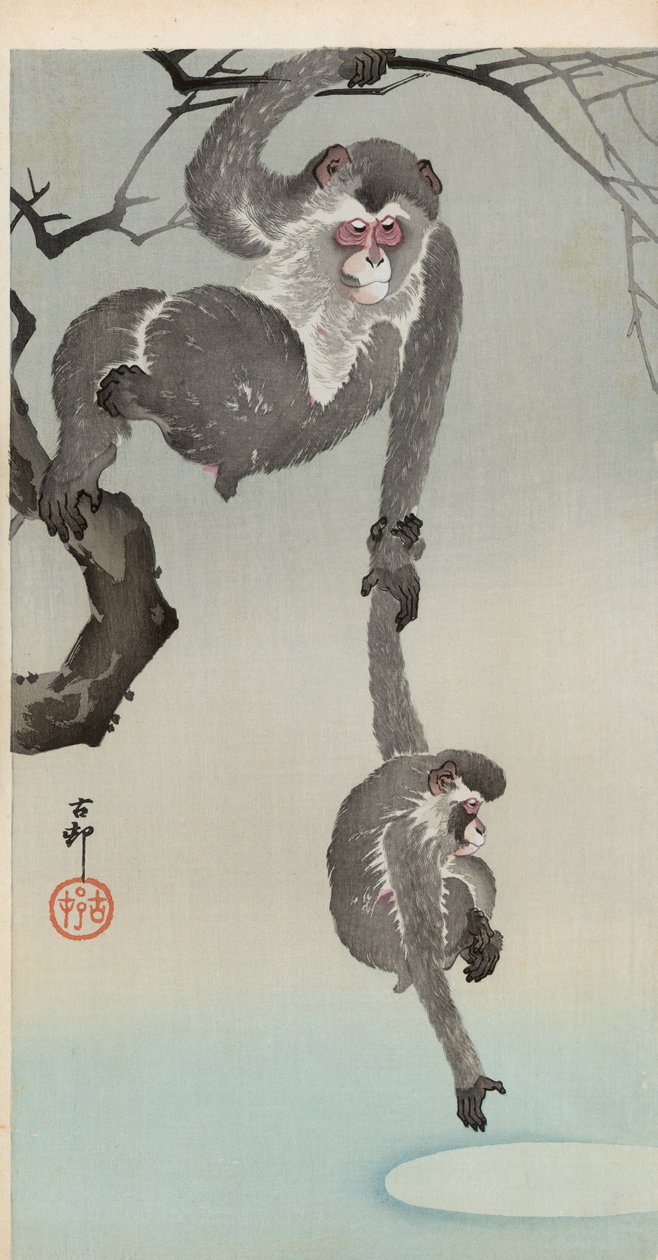 Opice a dítě dosahující odrazu měsíce od Ohara Koson