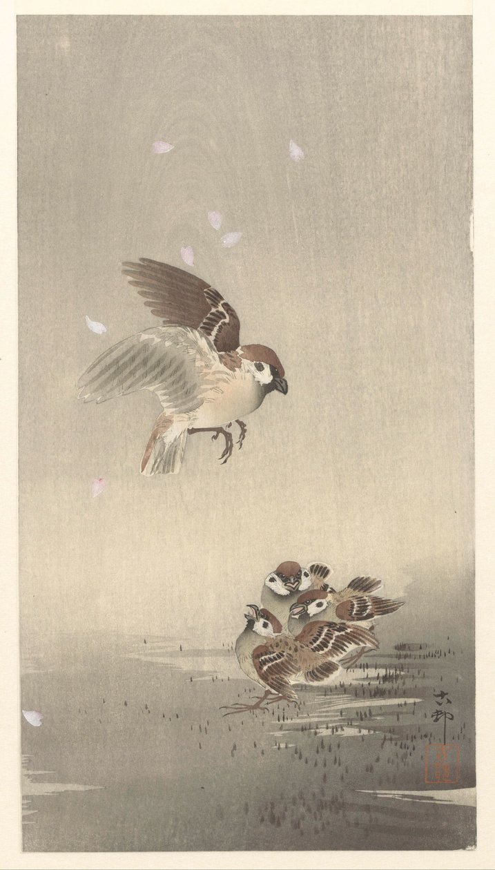 Prsten vrabec s chlapcem od Ohara Koson