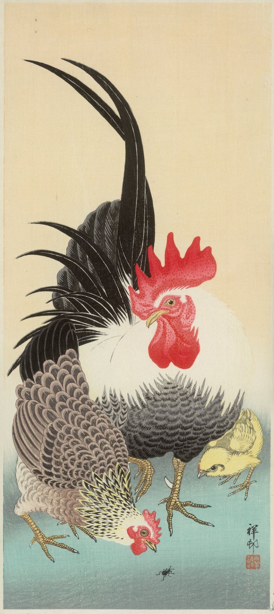 Kohout, slepice a kuřátko s mravencem (barevný dřevotisk) od Ohara Koson