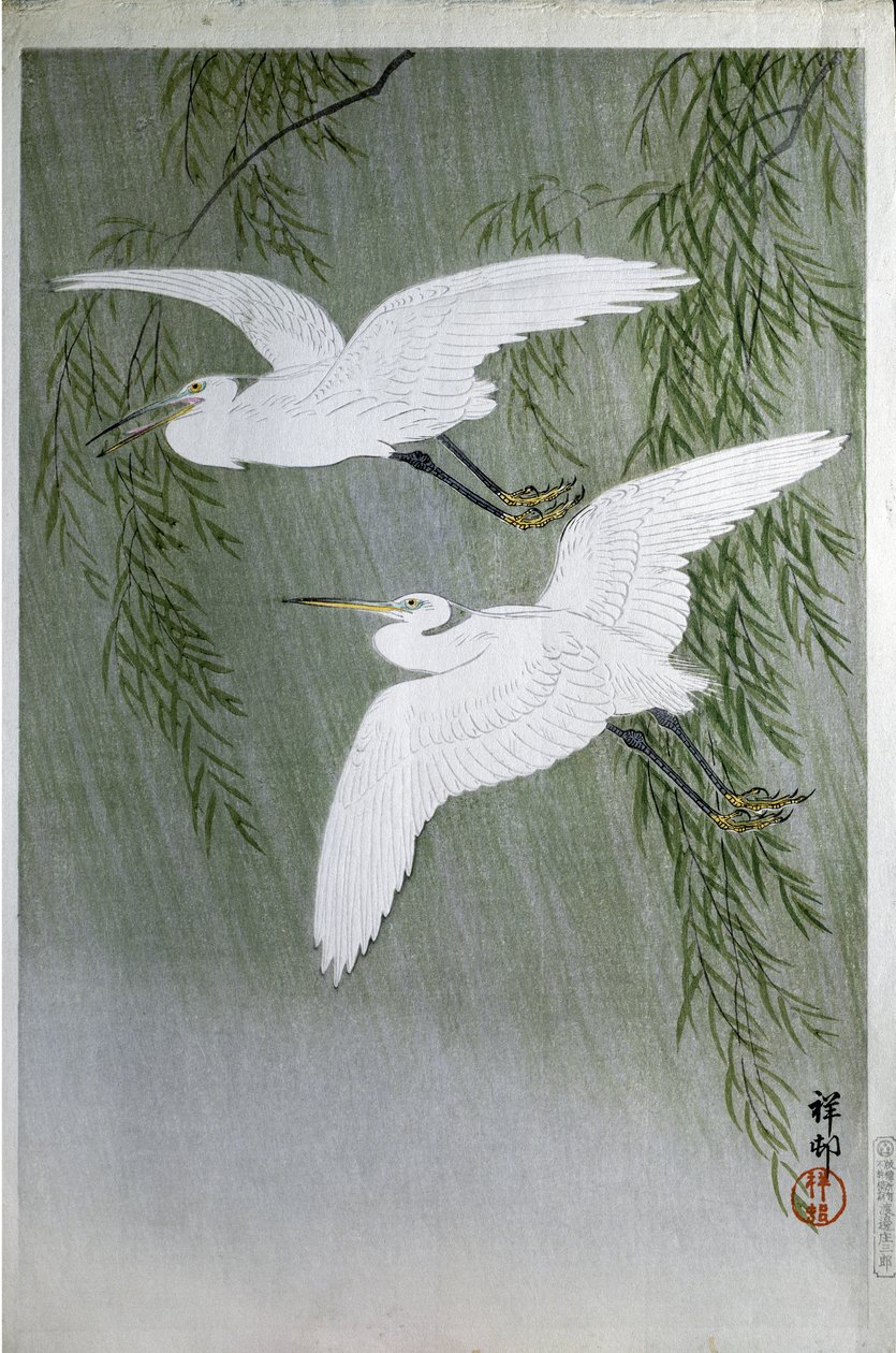 Dvě volavky létající zdarma, 1907 (barevný dřevoryt) od Ohara Koson