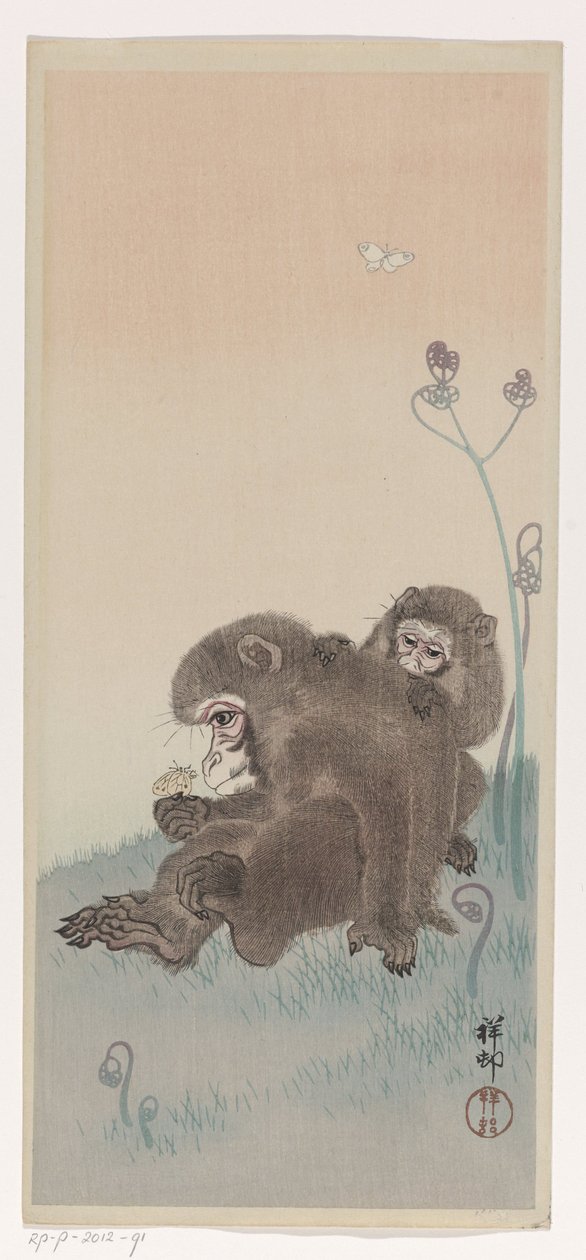 Dvě opice s motýlem, cca 1900-45 (barevný dřevoryt) od Ohara Koson