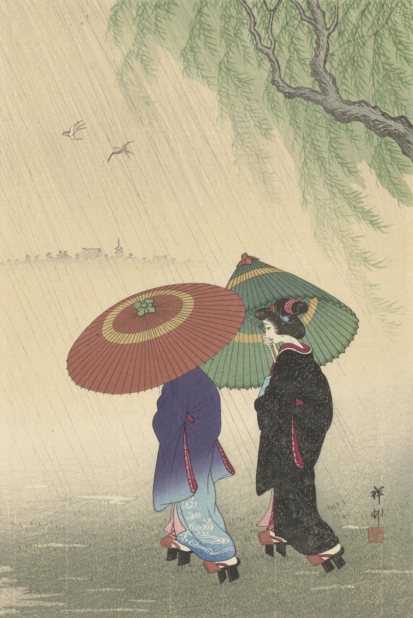 Dvě ženy v dešti, 1925-36 (barevný dřevoryt) od Ohara Koson