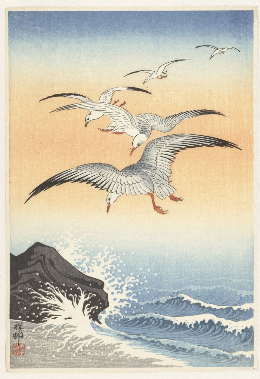 Pět racků nad rozbouřeným mořem od Ohara Koson