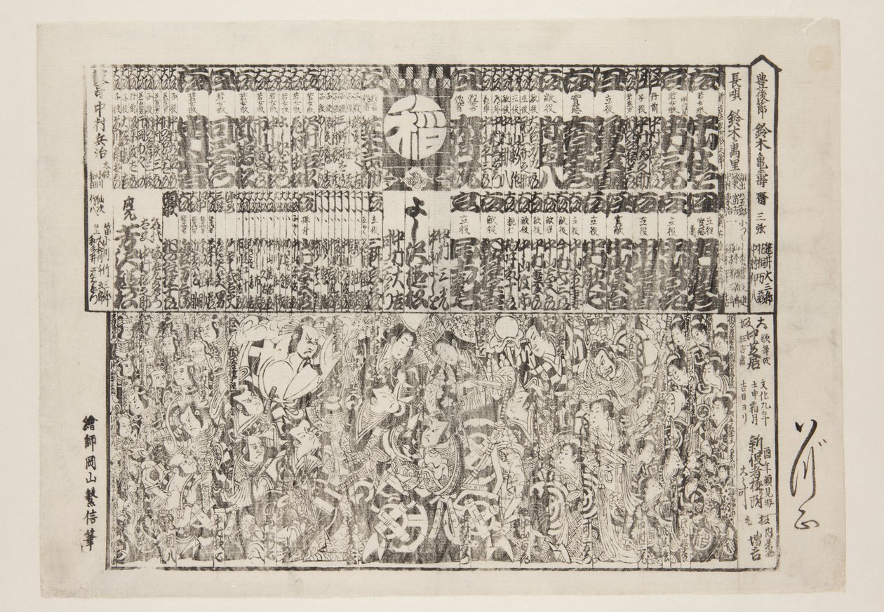 Playbill for Season-opening Program (Kaomise banzuke) (barevný dřevěný tisk) od Okayama Shigenobu