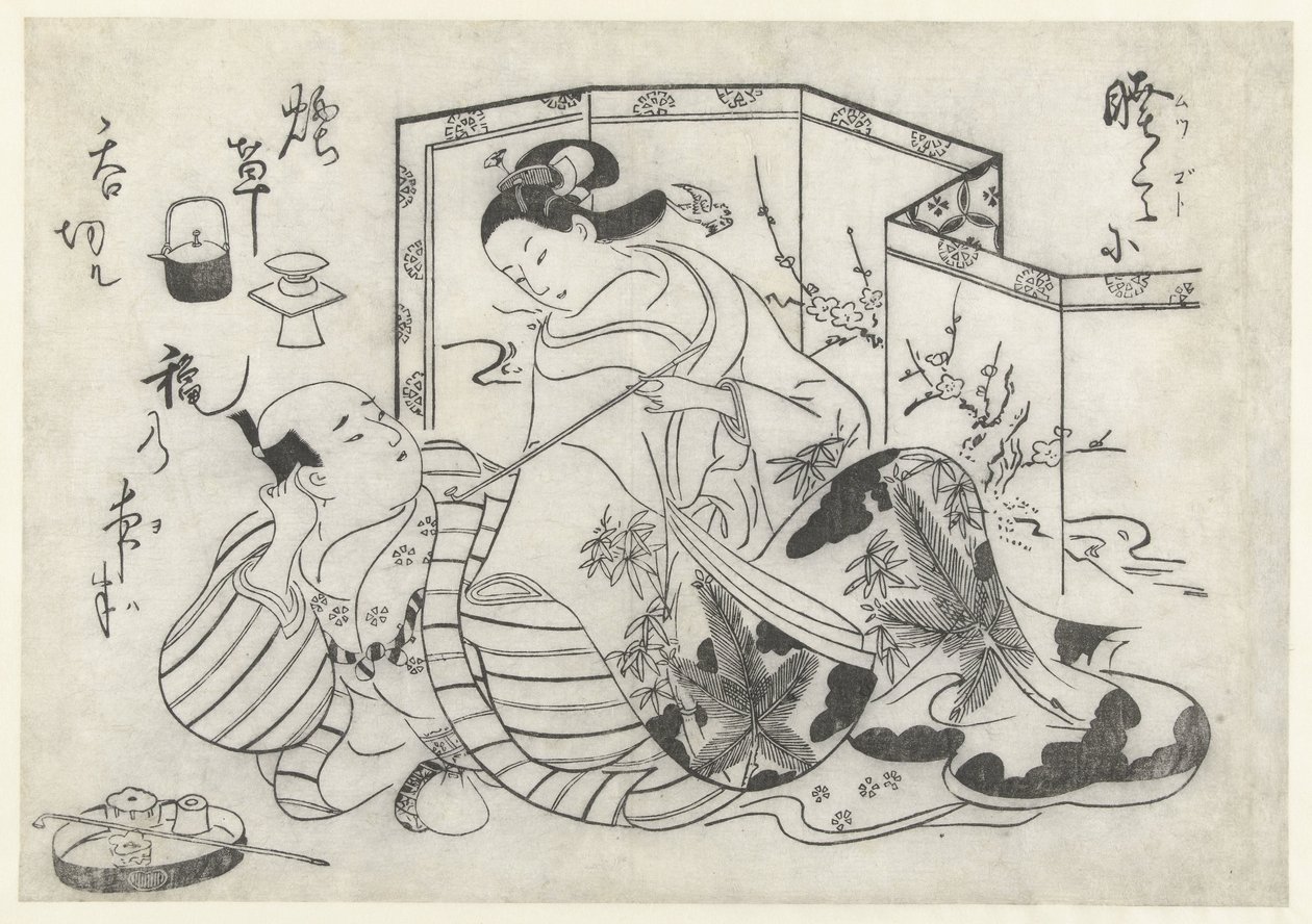 Japonec a žena kouří před skládací zástěnou od Okumura Masanobu (attributed to)