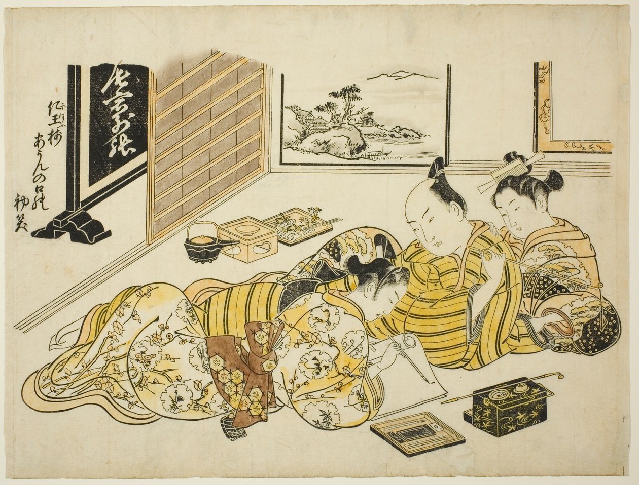 Muž a kurtizána sledují psaní mladého muže, první list alba „Mountain of Dyed Color, Specimens of Bedrooms (Someiro no yama neya no hinagata)“ od Okumura Masanobu