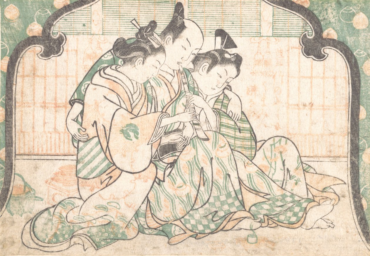 Mladý muž sedící mezi dvěma ženami, ca. 1749, ca. 1749. od Okumura Masanobu
