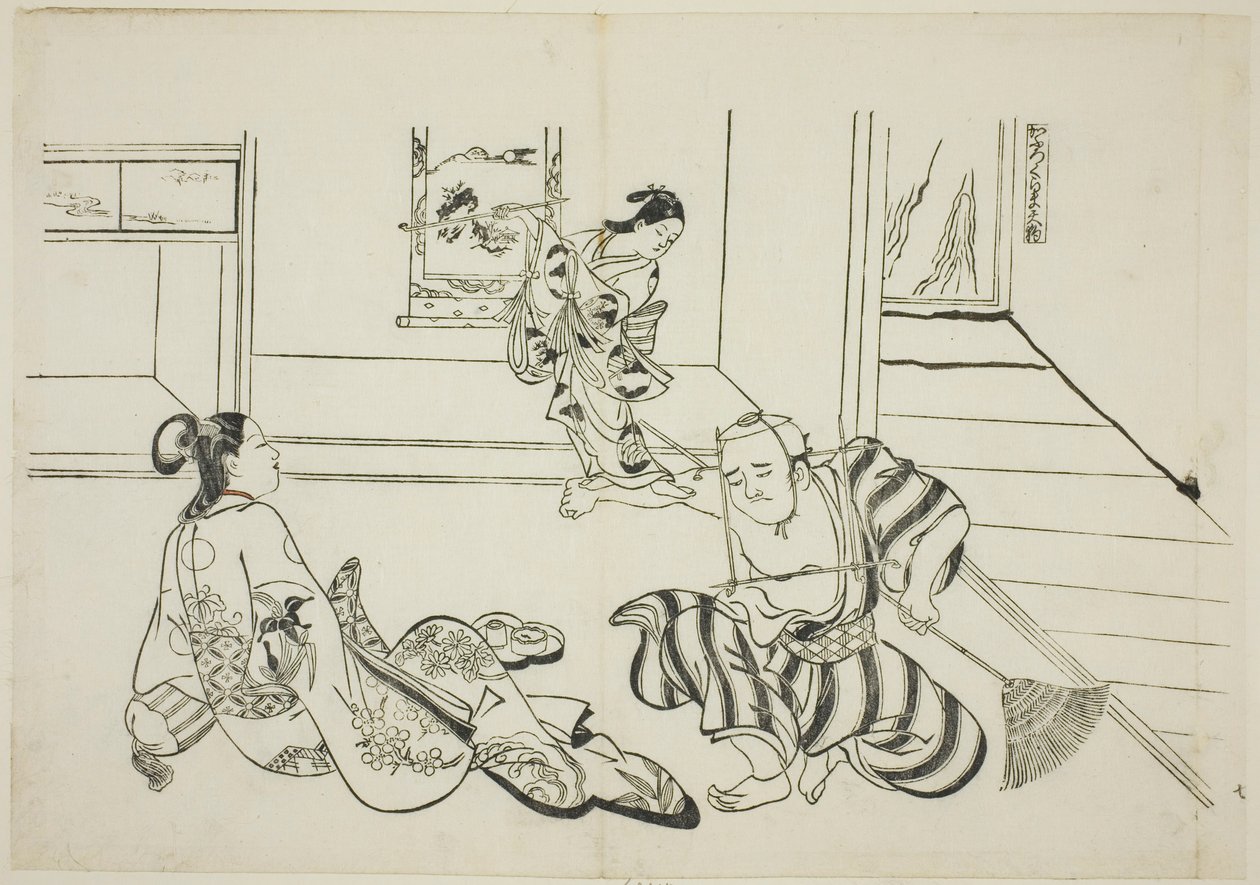 Child Attendant a Bald Tengu z hory Kurama (Kaburo Kurama Tengu), č. 7 ze série 12 grafik zobrazujících parodie her od Okumura Masanobu
