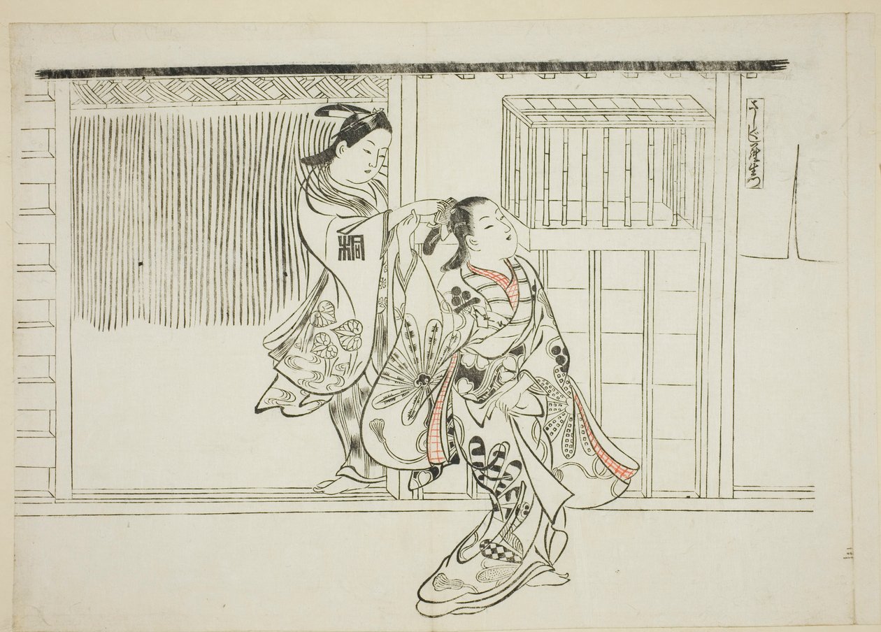 Hřeben Rašomon (Sashigushi Rashomon), č. 3 ze série 12 grafik zobrazujících parodie na divadelní hry od Okumura Masanobu