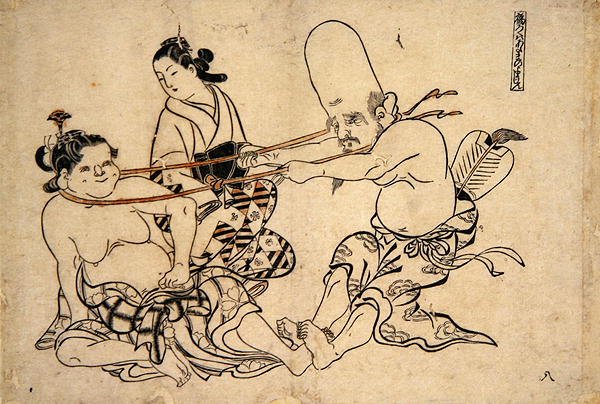 Fukuro Jin se snaží zvednout naviják (dřevěný tisk) od Okumura Masanobu