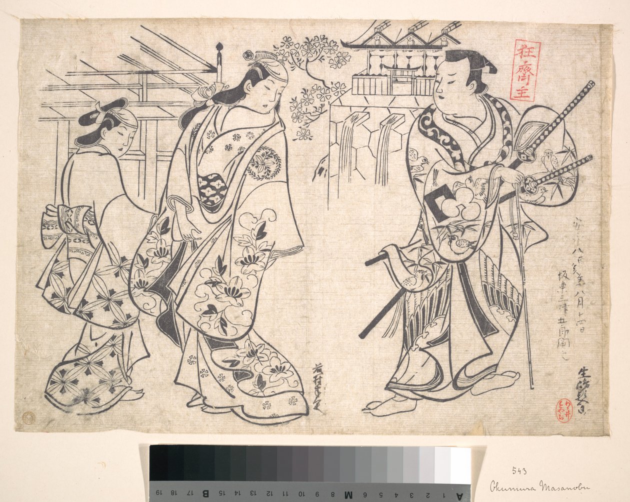 Ikushima Shingoro jako Bushi (samuraj) a Ogino Yaegiri jako žena s mladou průvodkyní od Okumura Masanobu
