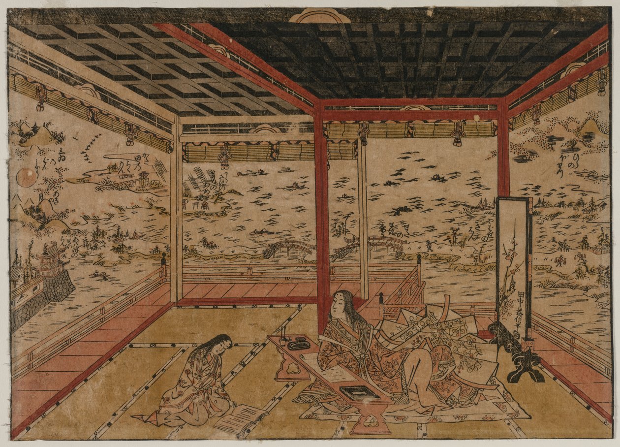 Lady Murasaki v Ishiyama s výhledem na panorama se sedmi výhledy na jezero Biwa, 40. léta 18. století. od Okumura Masanobu