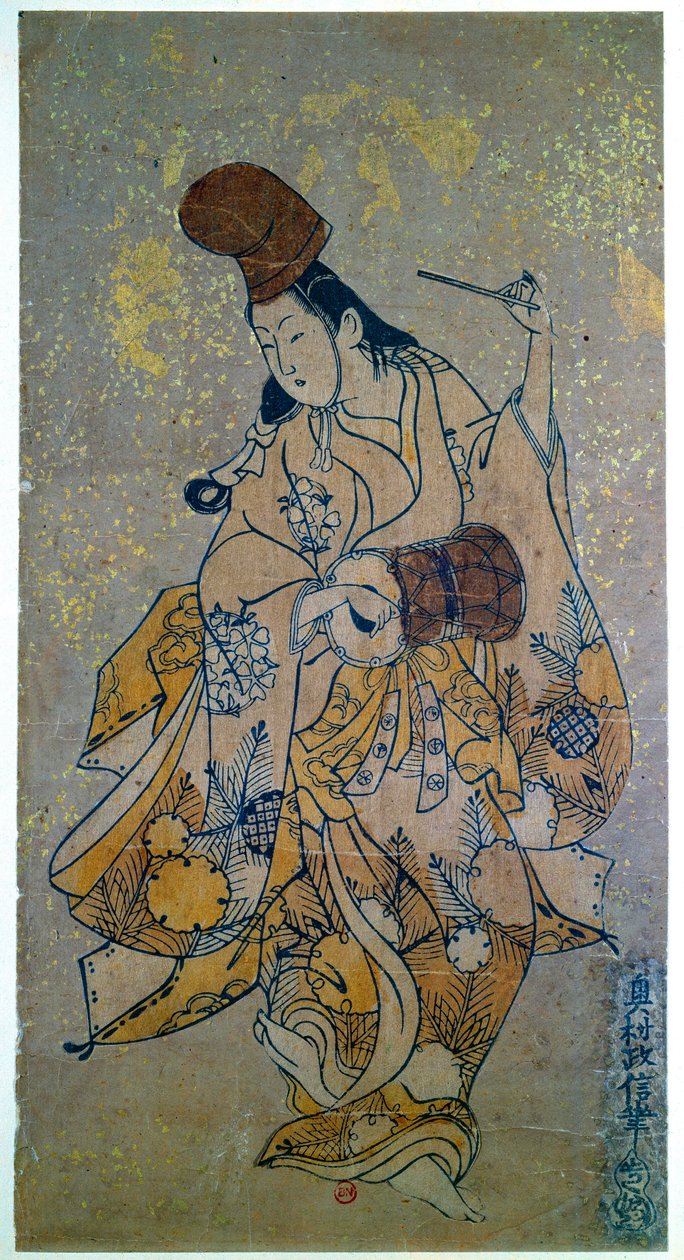 Hudebník. Žena hrající na buben. Japonský tisk od Okumury Masanobu (1686-1764) od Okumura Masanobu