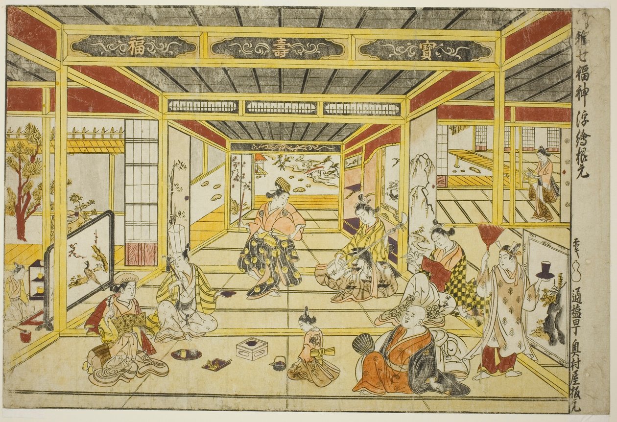 Původní perspektivní obrázek módních sedmi bohů štěstí (Furyu shichi fukujin uki-e kongen) od Okumura Masanobu