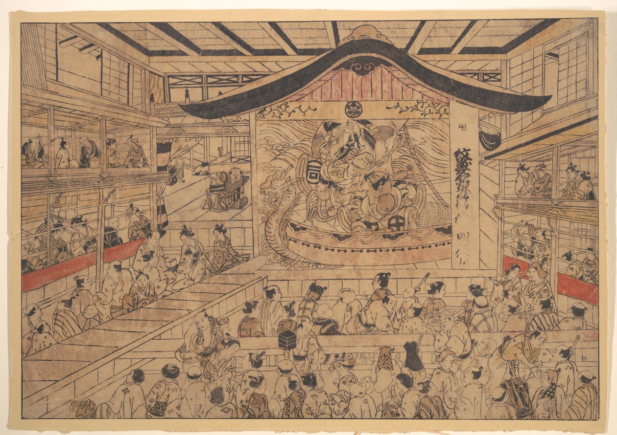 Perspektivní pohled (uki-e) na divadlo kabuki s představením Erbovní vzory bratří Soga a Nagoya Sanza (Mon-zukushi Nagoya Soga) od Okumura Masanobu