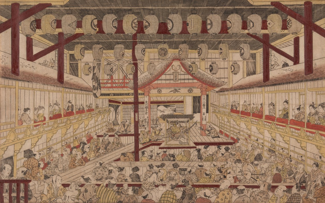 Perspektivní pohled na interiér divadla Nakamura s Ichikawa Ebizo II jako Yanone Goro, 1740 od Okumura Masanobu