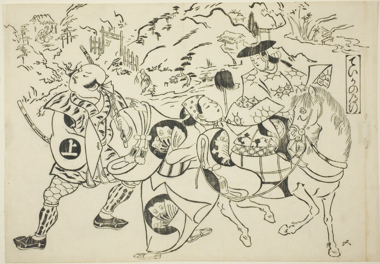 Cesta Teiky (Taika no michiyuki), ze série "Slavné scény z japonských loutkových her (Yamato irotake)". od Okumura Masanobu