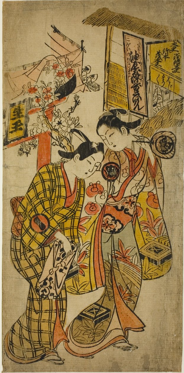 Herci Sanjo Kantaro II jako Osom a Ichikawa Monnosuke jako Hisamatsu ve hře „Osome Hisamatsu Tamoto no Shiro Shibori“, hráli v divadle Morita, 1720 od Okumura Masanobu