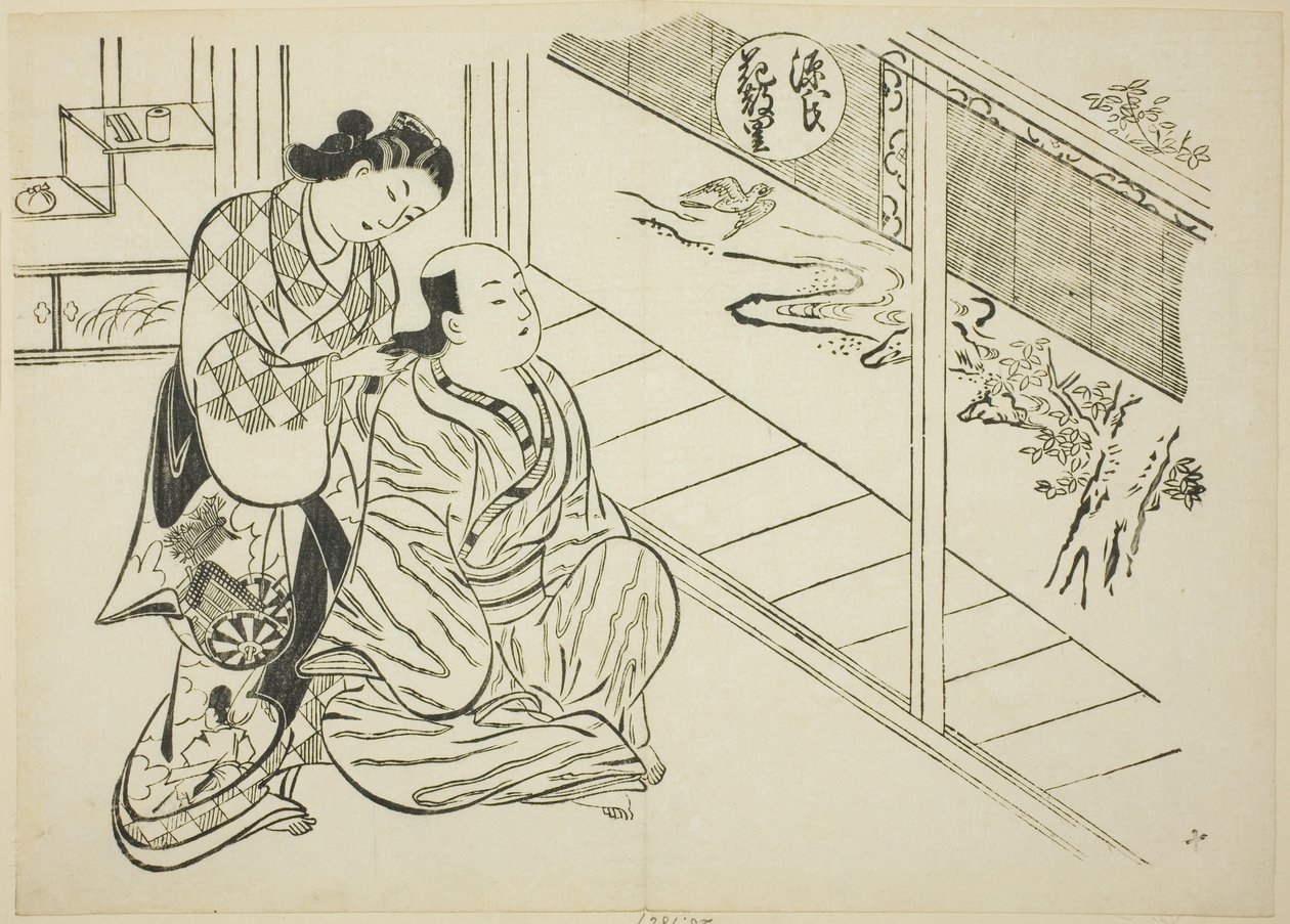 Kapitola Hanachirusato z „The Tale of Genji“ (Genji Hanachirusato), ze série parodií Genji od Okumura Masanobu