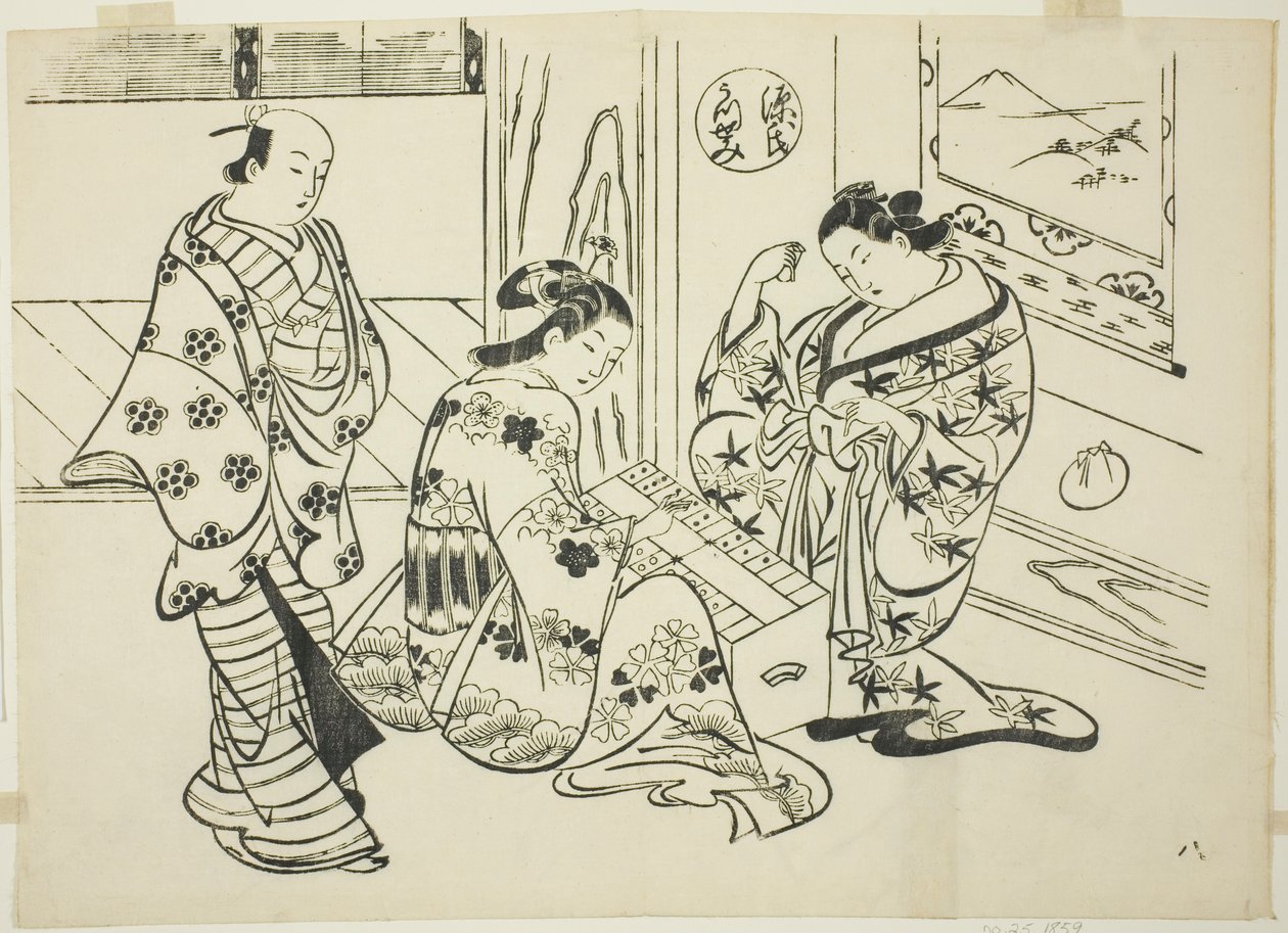 Kapitola Utsusemi z „Příběhu Genjiho“ (Genji Utsusemi), ze série parodií Genji od Okumura Masanobu